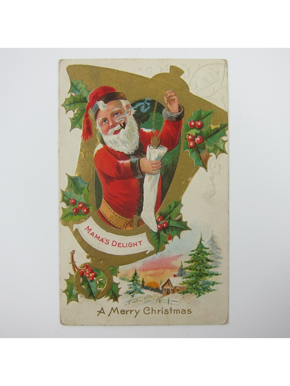 Vintage Christmas Postcard Santa Smoke Pipe Necklace Gold Bell Embossed Antique